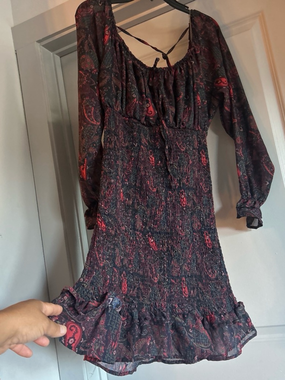 J for Justify Burgundy Paisley Long Sleeve Smocked Dress